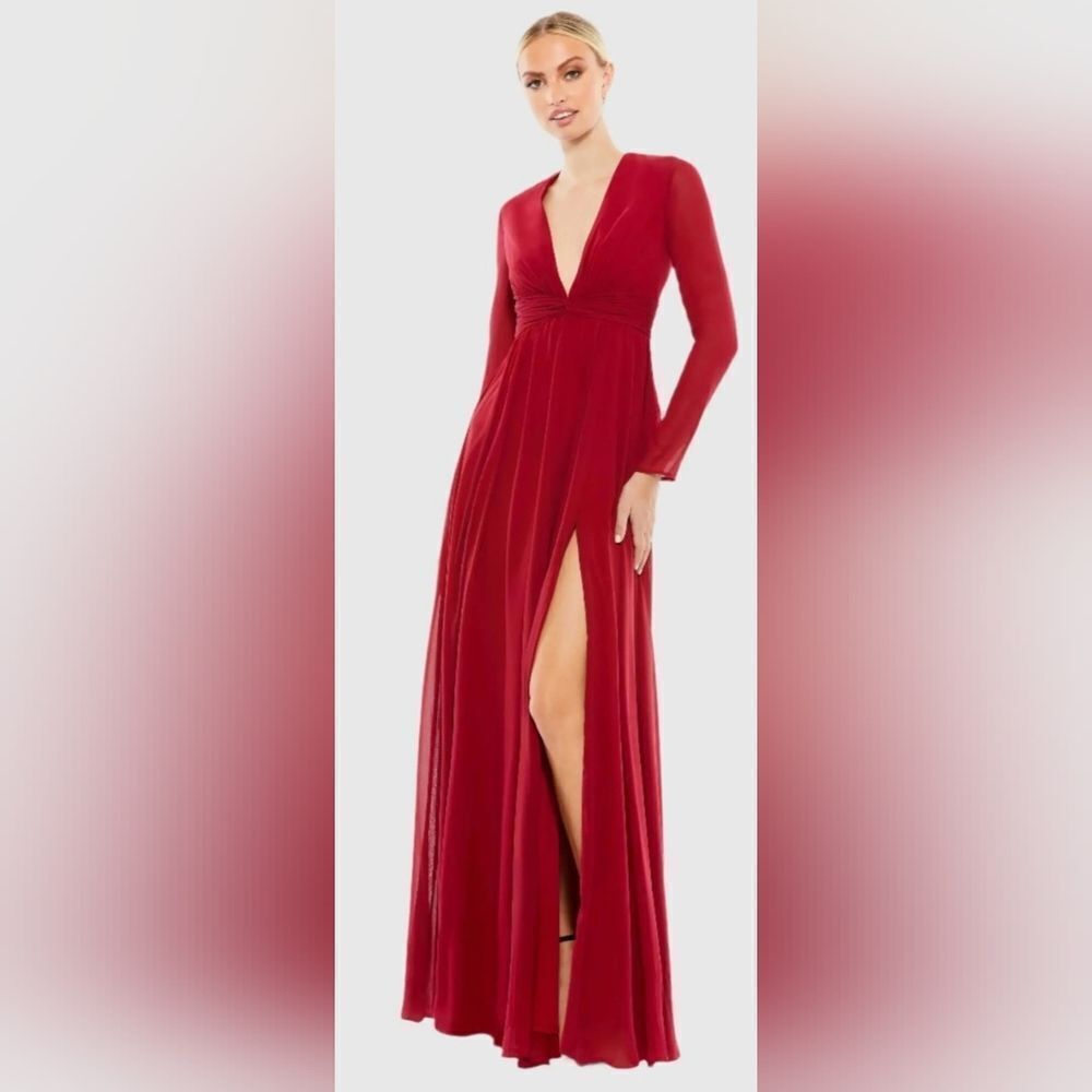 Mac Duggal 54680 V-Neck Front Twist Long Sleeve Gown NWT Size 16 Dark Red